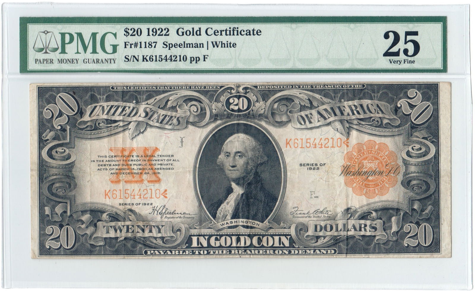 1922 $20 Gold Certificate – Speed White – FR#1187 – Very Fine 25: 1922 $20 Gold Certificate, Speed White variety, Friedberg #1187, graded Very Fine 25. This historic note was issued when U.S. paper currency was directly backed by gold, making it a highly desirable
