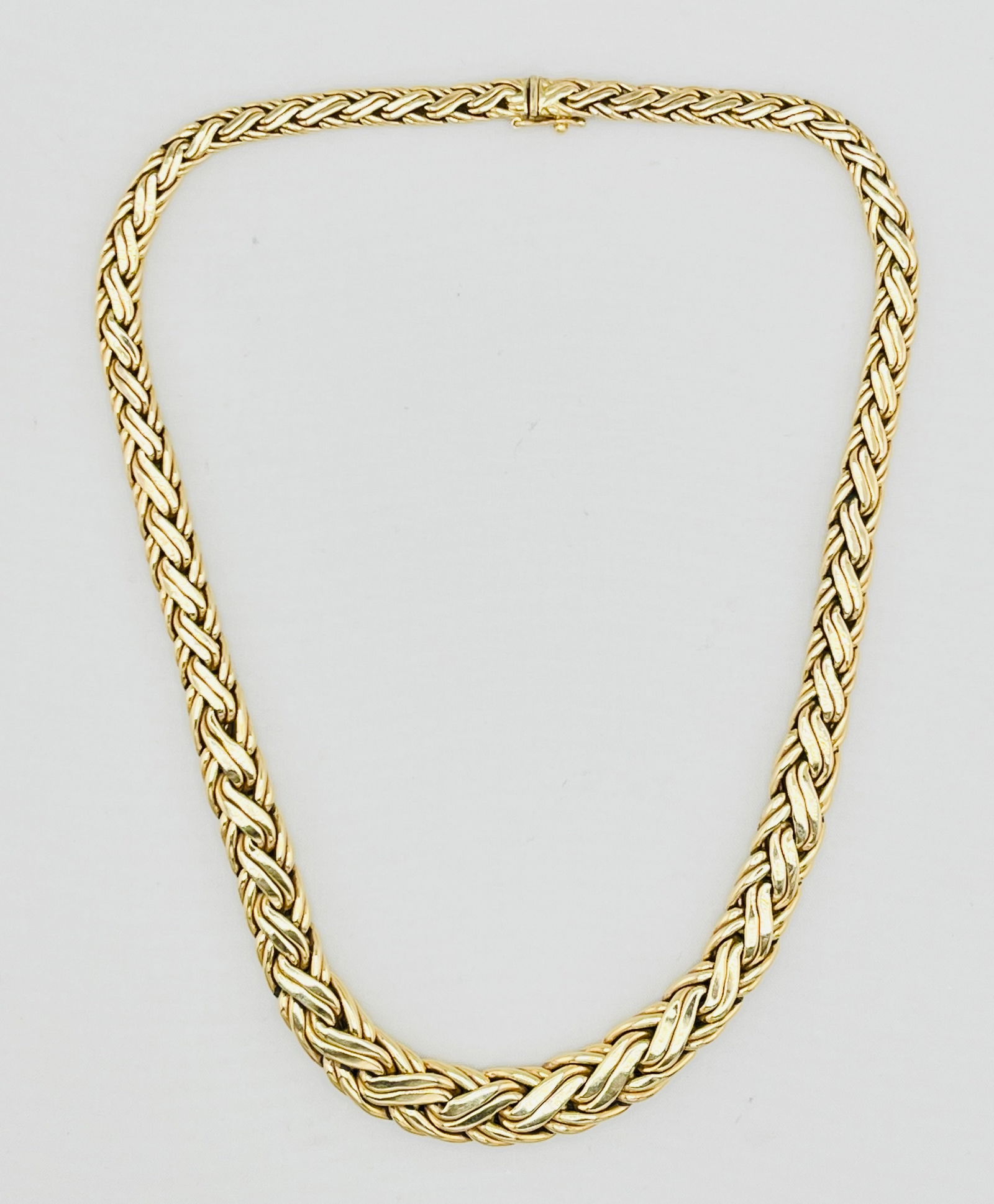 Vintage Tiffany& Co 14KT Yellow Gold Graduated Thick Woven Link Necklace: Vintage Tiffany & Co 14Kt Yellow Gold Thick Graduated Woven Necklace With Box Clasp And Safety Catch. 44 grams. 17.5 inches