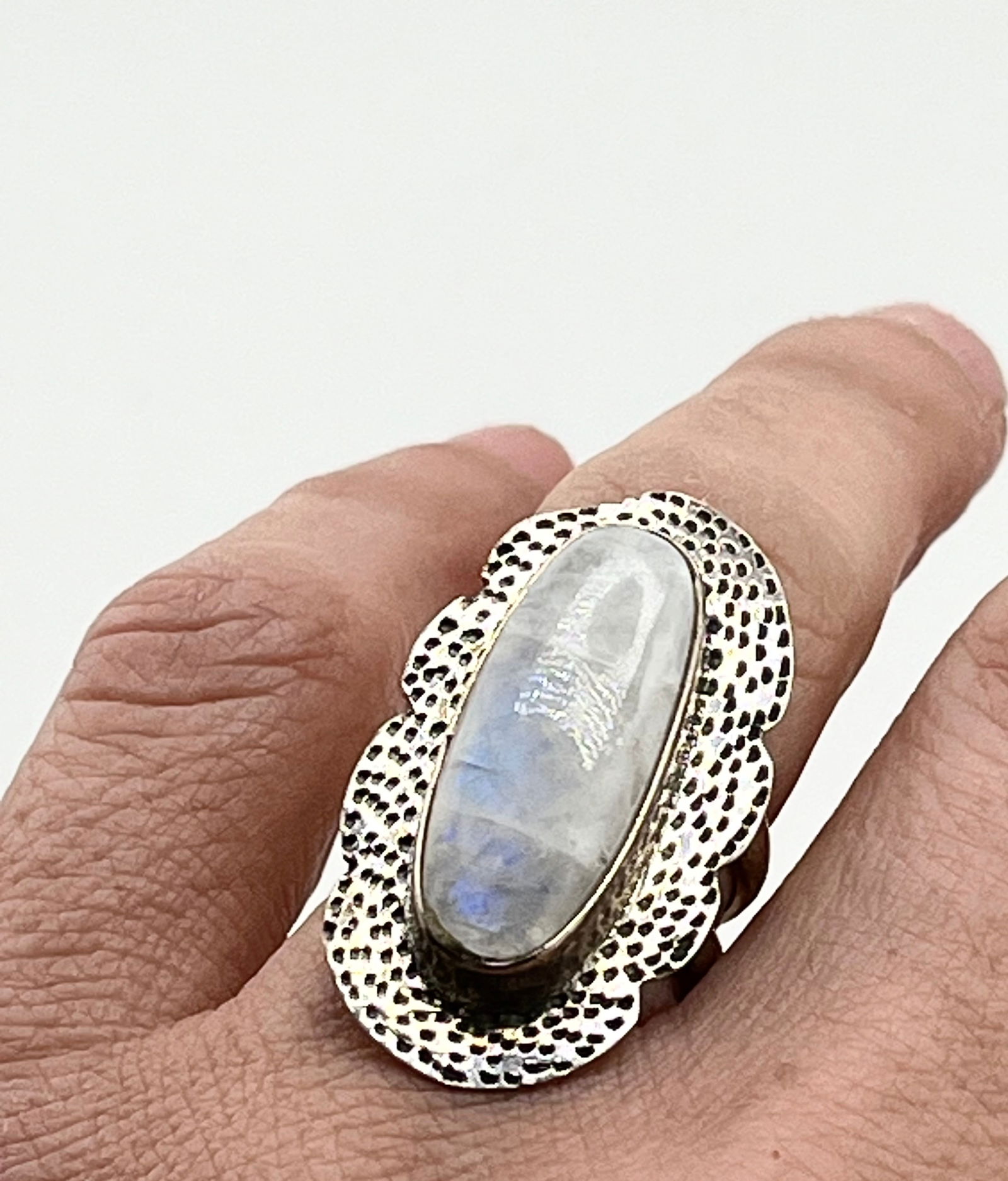 925 Sterling Silver Boho Style Large Rainbow Moonstone Ring (1 of 1)