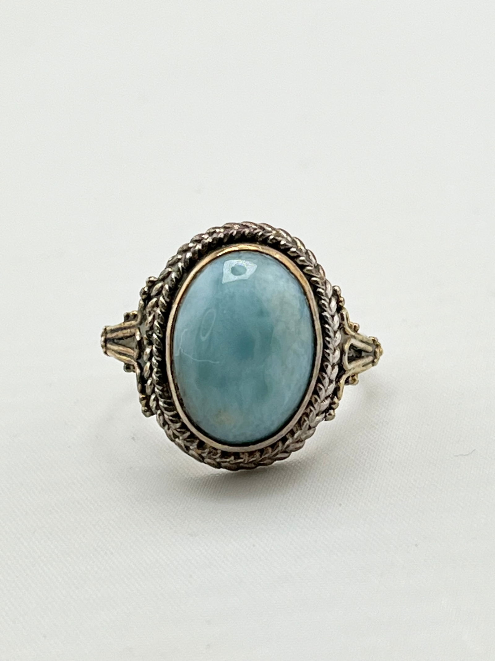 925 Sterling Silver Blue Larimar Ring: 925 Sterelung Silver Bohemian Style Natural Blue Larimar Ring. 5.8 grams size 7