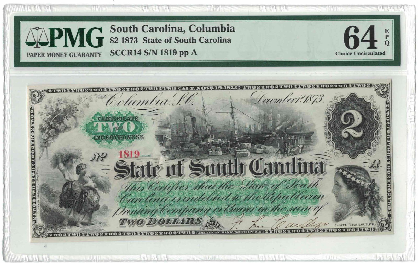1873 $2 State of Carolina – SCCR14 – S/N 1819 – PMG Choice Uncirculated 64 – Rare Note: 1873 $2 State of Carolina note, cataloged as SCCR14, serial number 1819, professionally graded Choice Uncirculated 64 by Paper Money Guaranty (PMG). This note presents outstanding centering, sharp