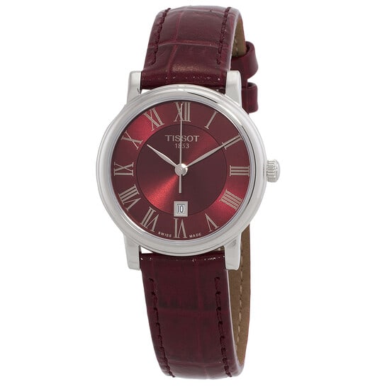 Tissot Premium Lady Quartz Red Dial Women's Watch: Elegant and refined, this watch features a polished stainless steel round case paired with a vibrant red leather strap. The red analog dial is accented with silver-tone hands and classic Roman numeral