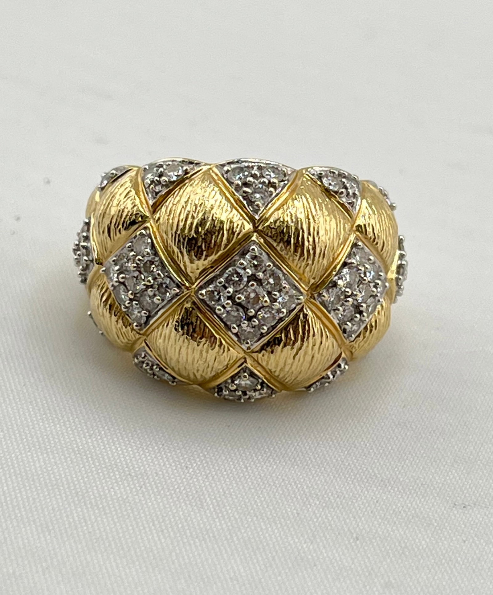 14KT Yellow Gold Quilted Dome Diamond Pave Ring: 14KT Yellow Gold Quilted Dome Natural Diamond Pave Ring. 13.5 grams. Size 7
