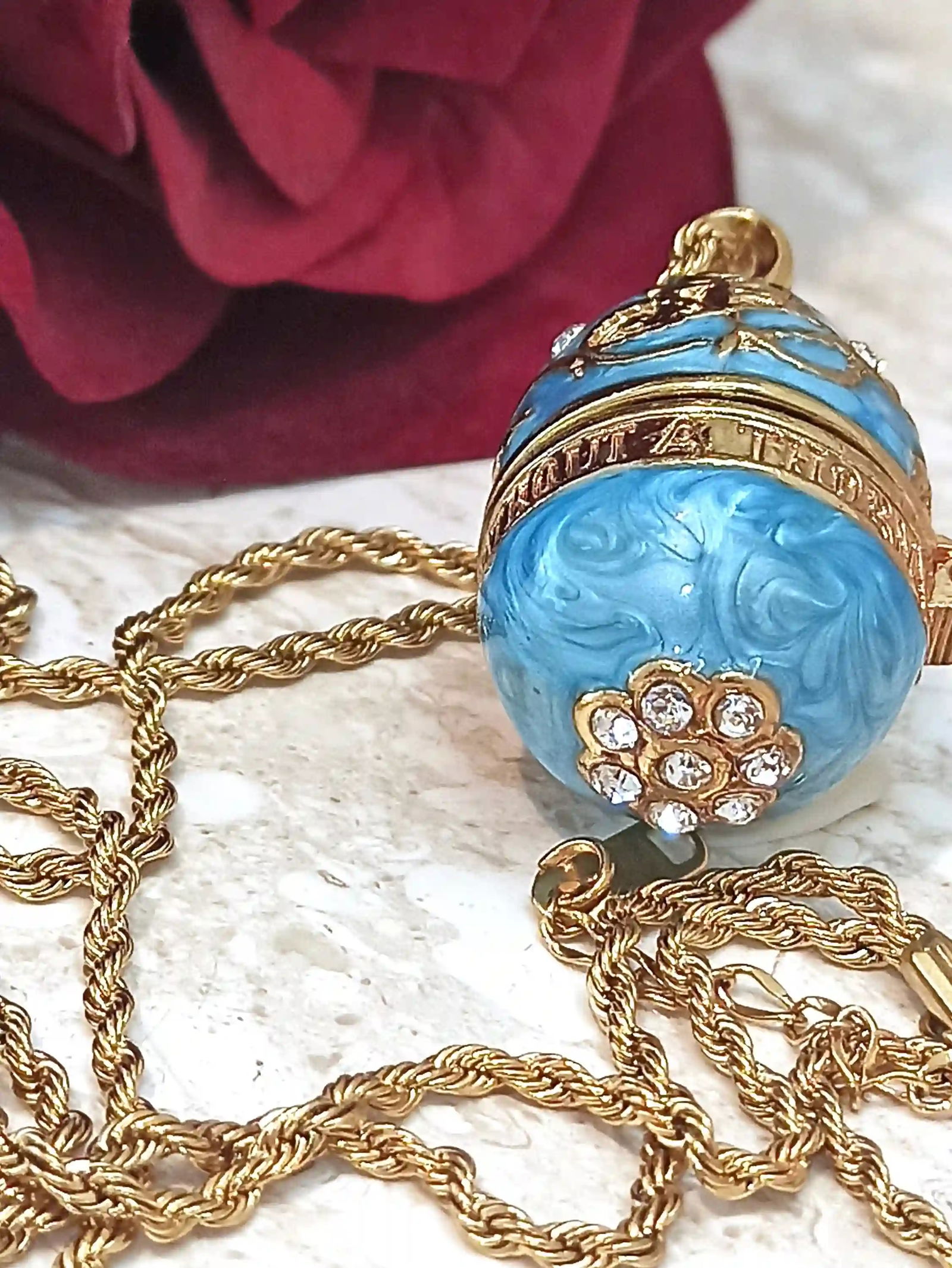 Handmade Imperial Egg-Inspired Blue Topaz Necklace & 24K Gold Bracelet Set: Step into timeless elegance with this handcrafted heirloom-style jewelry set, featuring a richly detailed egg-inspired pendant necklace paired with a 24K gold decorative bracelet adorned with a striki