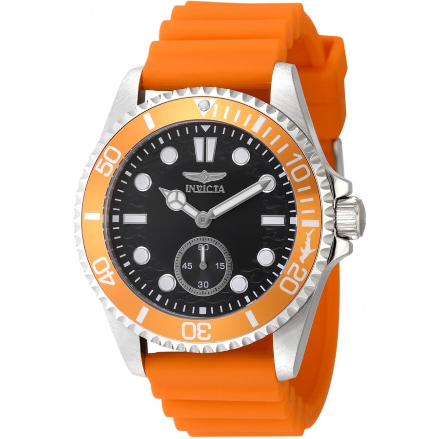 Invicta Pro Diver Quartz Black Dial Men's Watch – Stainless Steel Case, Orange Silicone Strap: Bold design meets everyday performance in this Invicta Pro Diver men's watch, featuring a striking black dial paired with a vibrant orange silicone strap for a sporty and modern look. The sturdy stain