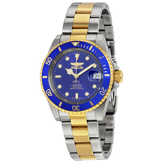 Invicta Pro Diver Automatic Blue Dial Two-Tone Stainless Steel Men's Watch: Bold, reliable, and built with classic diver styling, this Invicta Pro Diver automatic watch combines professional functionality with a striking two-tone design. The stainless steel case is paired wit