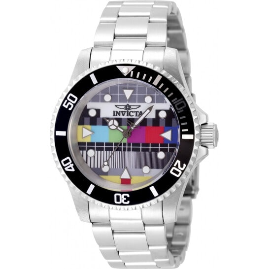 Invicta Pop Art Limited Edition Men's Stainless Steel Multi-Color Dial Watch: Bold design meets everyday durability in this Invicta Pop Art Limited Edition men's watch. Crafted with a polished stainless steel case and bracelet, this timepiece offers a sleek silver-tone finish t