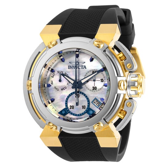 Invicta Coalition Forces Chronograph Swiss Quartz Men's Dive Watch – Mother of Pearl Dial, Black: Bold, rugged, and built for serious performance, this Invicta Coalition Forces men's watch combines striking design with dependable Swiss precision. The substantial 46 mm stainless steel case features