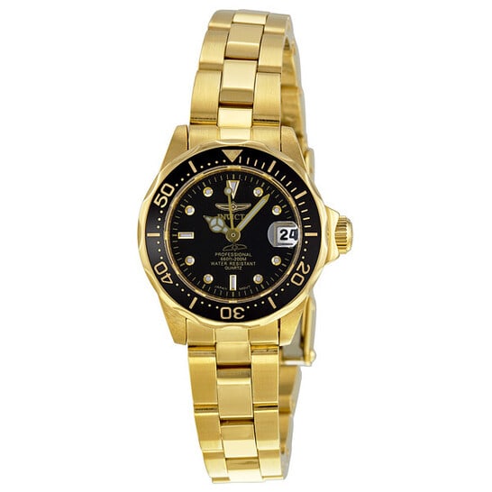 Invicta Pro Diver Women's Gold-Plated Stainless Steel Watch with Black Dial: A refined blend of sporty function and classic elegance, this Invicta Pro Diver women's watch features a striking black and gold design built for both everyday wear and active lifestyles. The compact