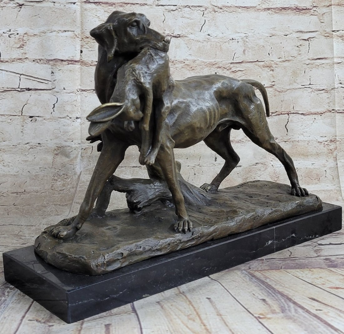 Dog Retriever Rabbit Bronze Statue - 3