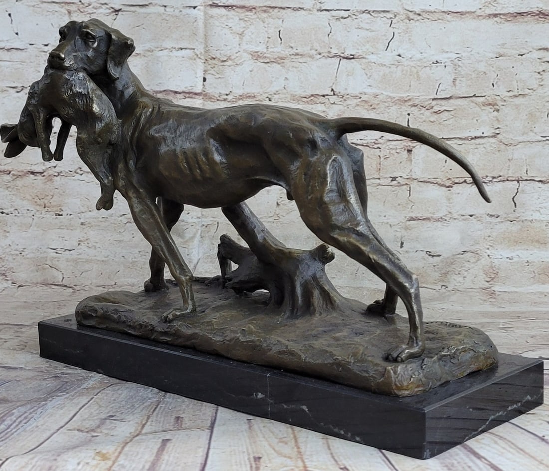 Dog Retriever Rabbit Bronze Statue - 4