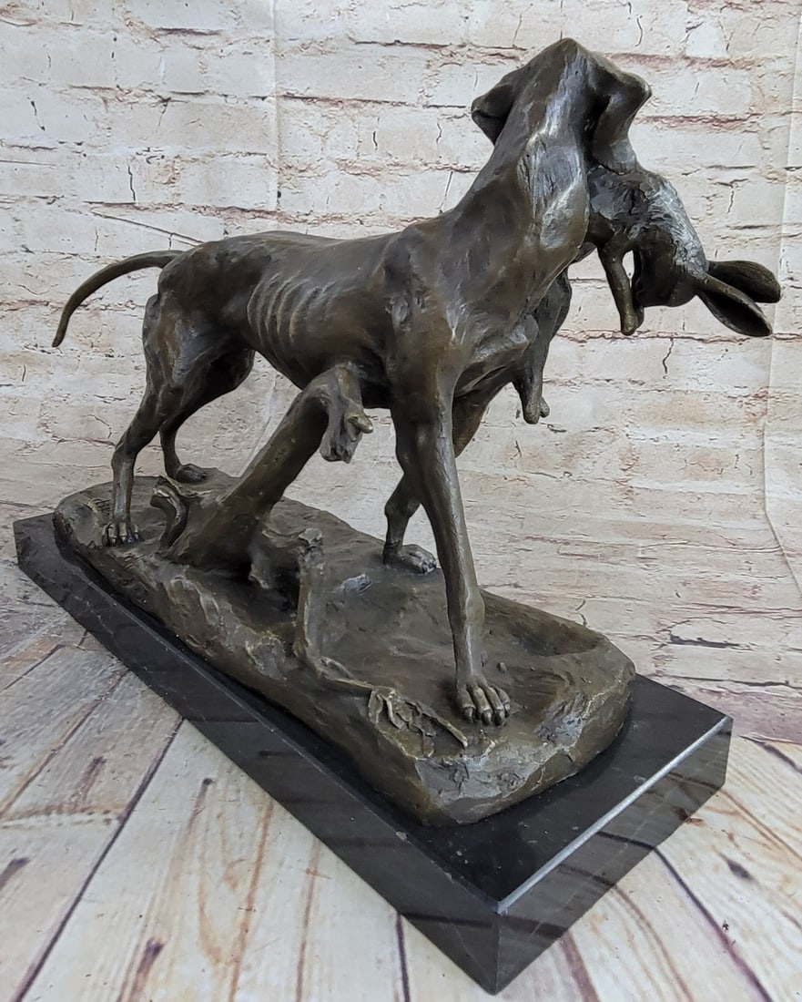 Dog Retriever Rabbit Bronze Statue - 6