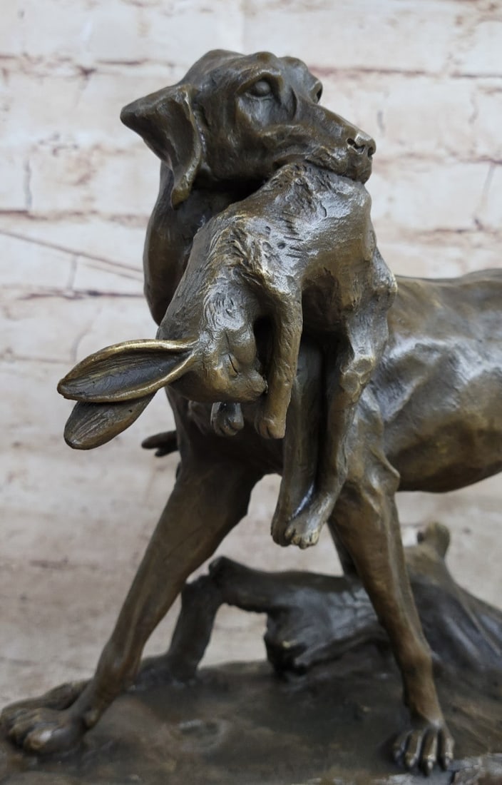 Dog Retriever Rabbit Bronze Statue - 7