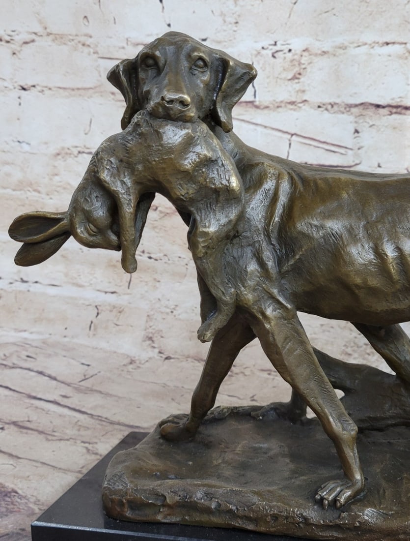 Dog Retriever Rabbit Bronze Statue - 8