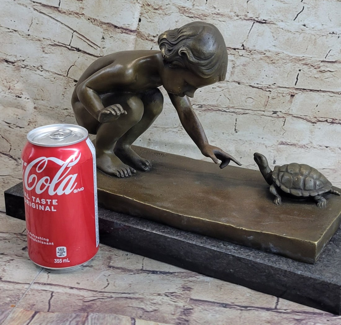 Little Girl Playing With Turtle Bronze Sculpture - 2