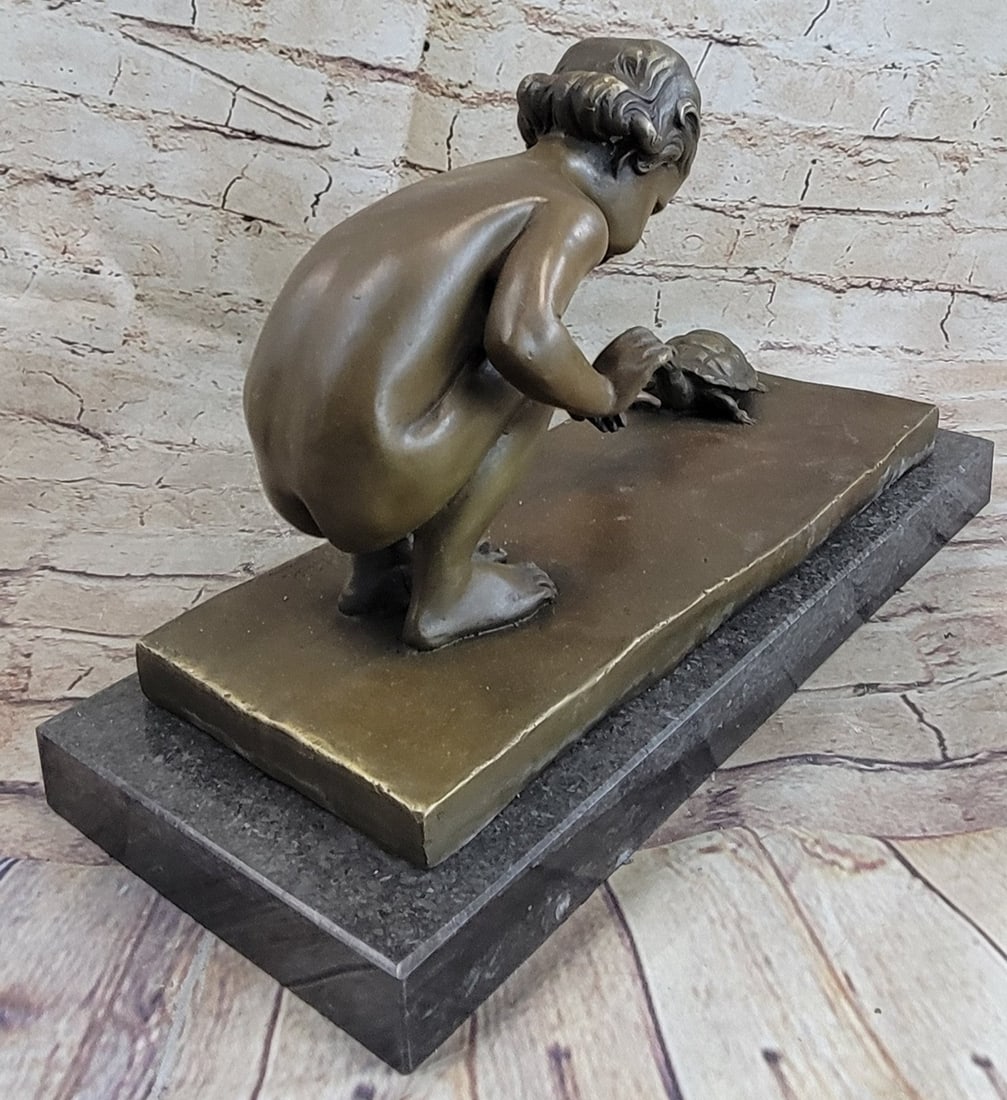 Little Girl Playing With Turtle Bronze Sculpture - 3