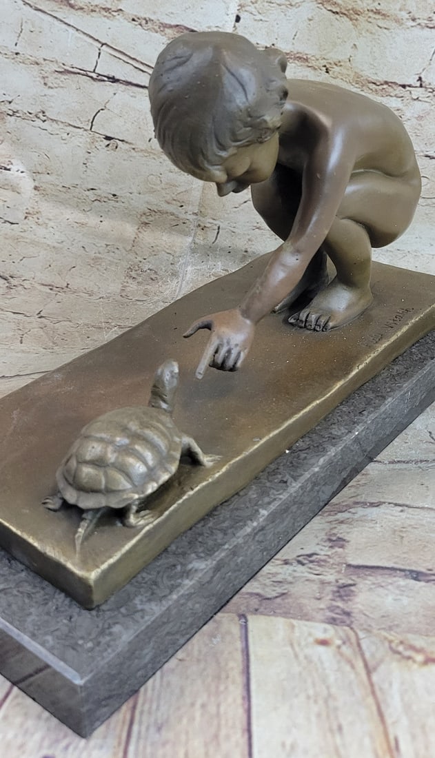 Little Girl Playing With Turtle Bronze Sculpture - 4