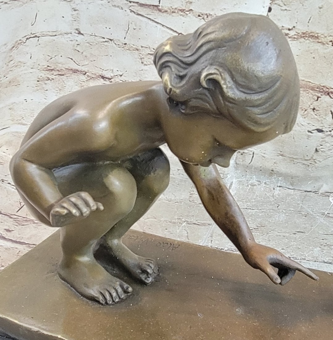 Little Girl Playing With Turtle Bronze Sculpture - 5