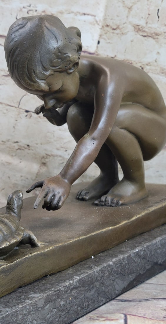 Little Girl Playing With Turtle Bronze Sculpture - 6