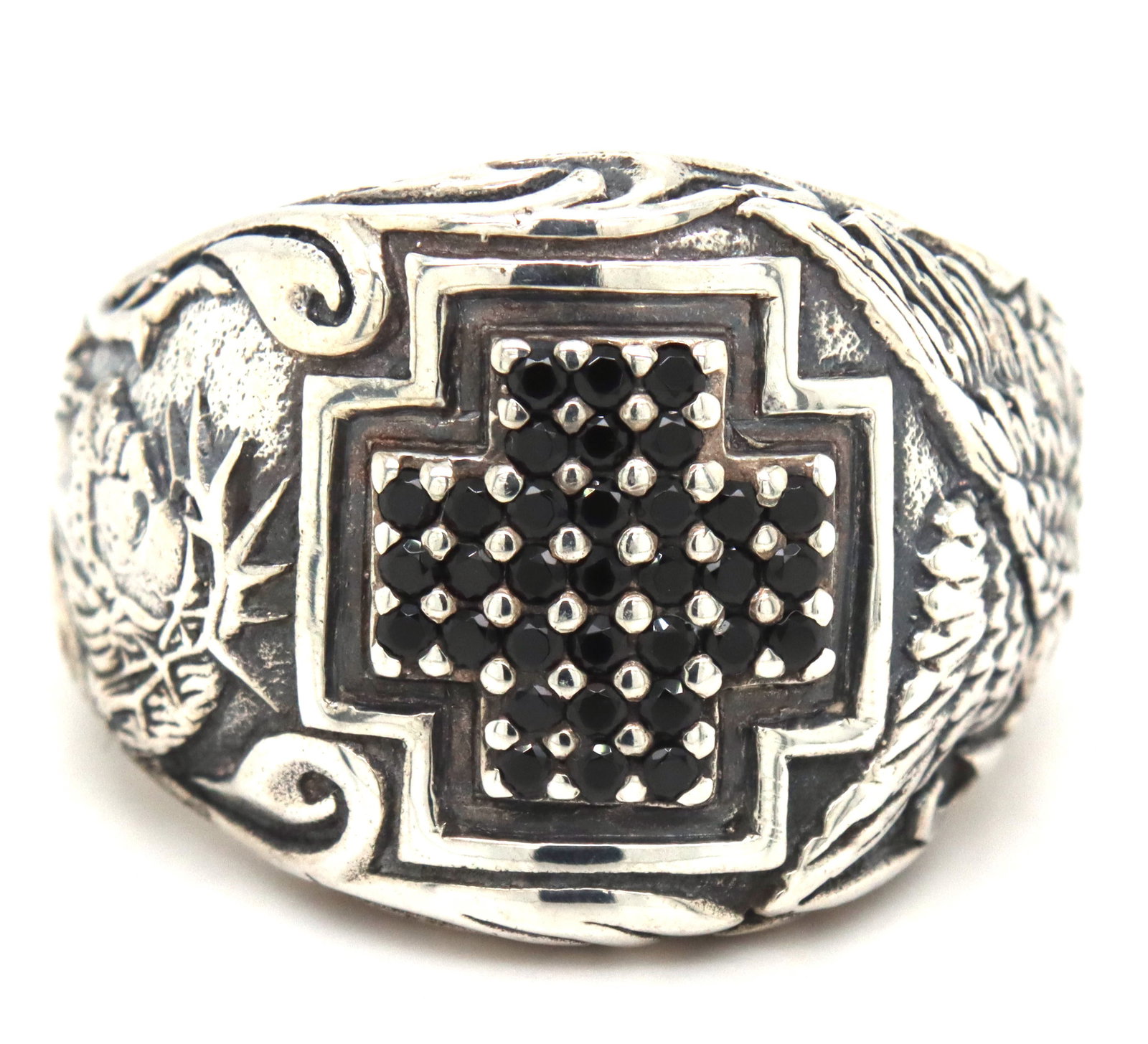 Soul Fetish black sapphire cross ring: Soul Fetish black sapphire cross ring in 925 sterling silver. The total weight of the ring is 27.65 grams. Ring size 12".