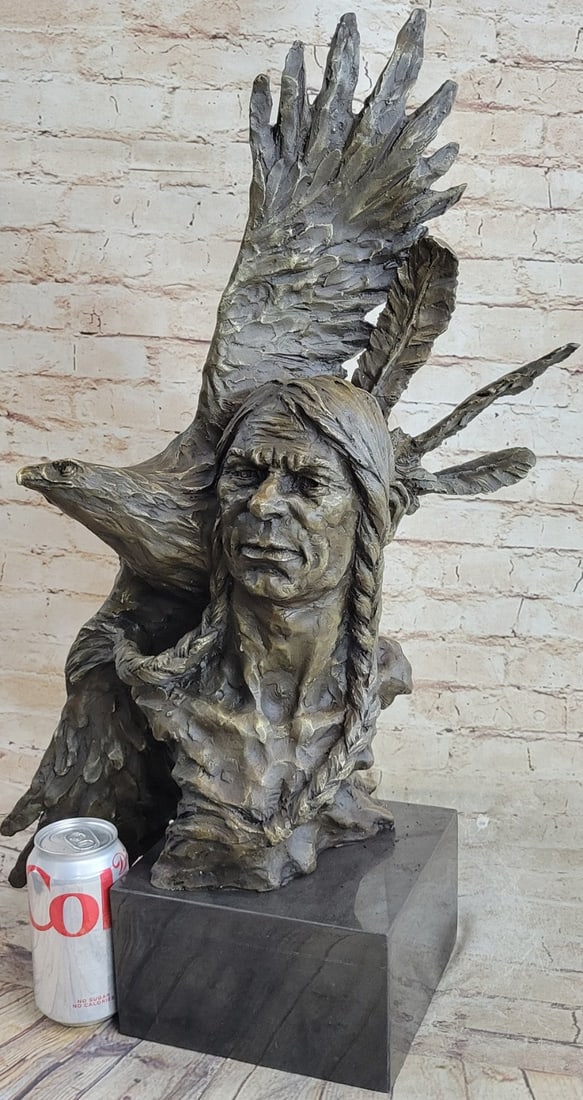 Indian Native Chief Eagle Bust Sculpture on Marble Base Statue - 2