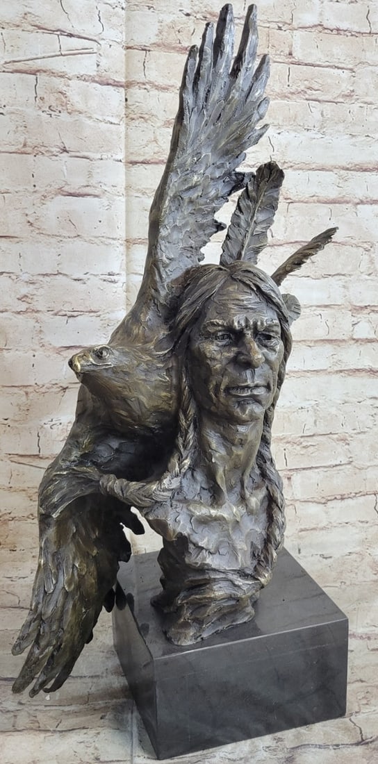 Indian Native Chief Eagle Bust Sculpture on Marble Base Statue - 3