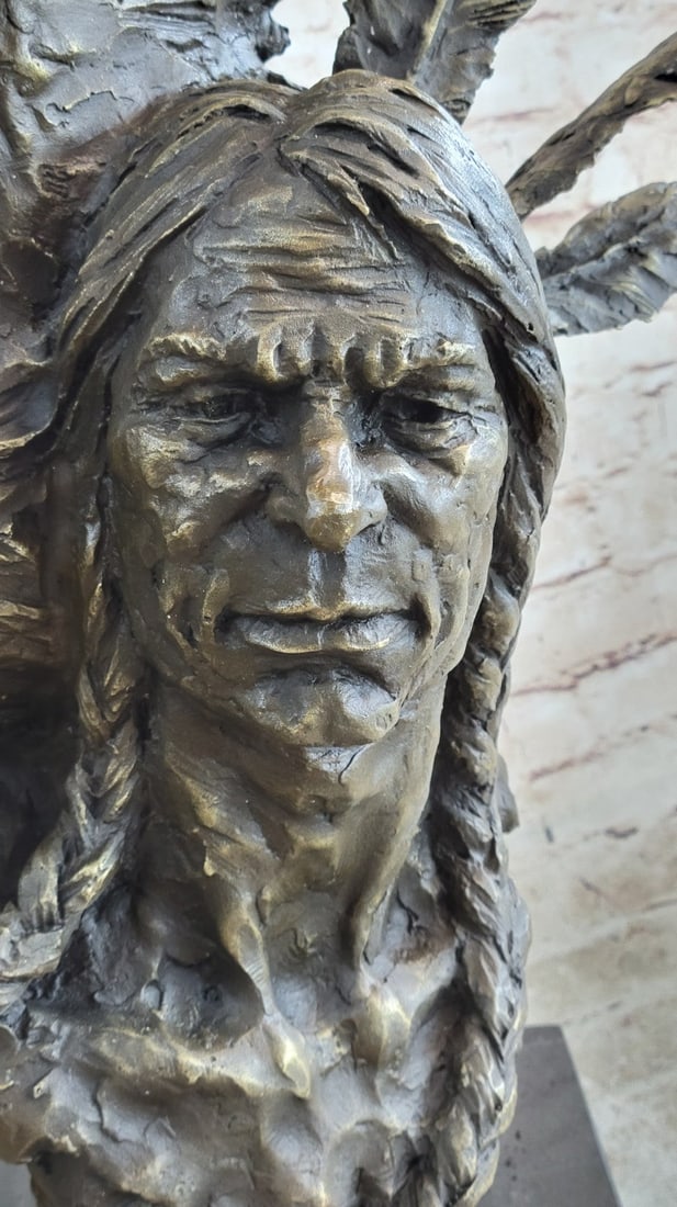 Indian Native Chief Eagle Bust Sculpture on Marble Base Statue - 7