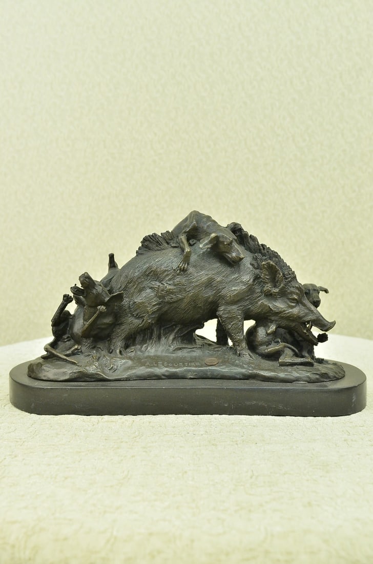 Wild Life Boar Hunting Dogs Bronze Sculpture: The dogs leap, unrelenting, around the boar, with snarled teeth and raised scruffs. This bronze sculpture was cast using the age-old method of lost-wax casting and stained with a brown patina finish