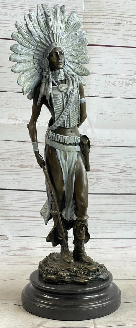 Indian Warrior Bronze Statue: This Sculpture was cast using the Lost Wax Method and is mounted on a marble base. Dimensions: Height 18 X Width 6 inches. Weight: 13 LBS.