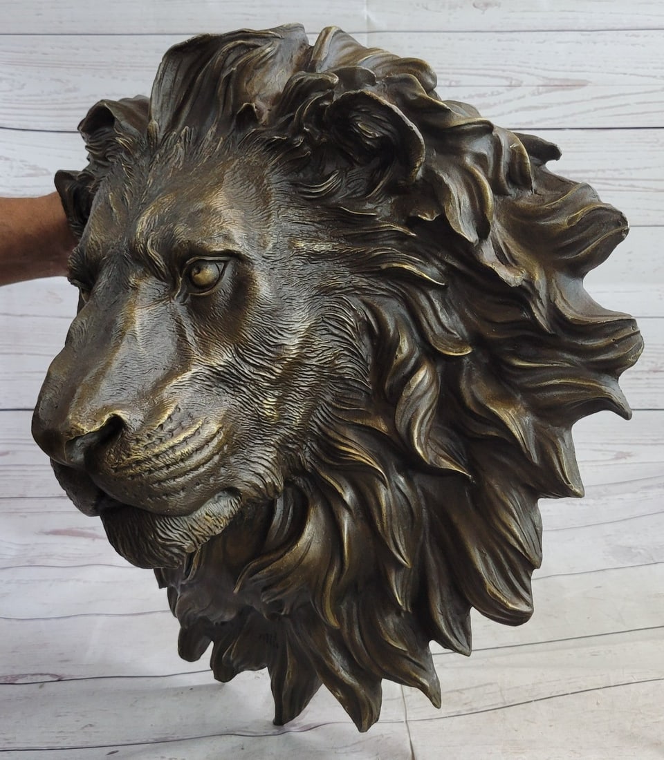 Wall Mount Lion Head Bust Bronze Statue - 3