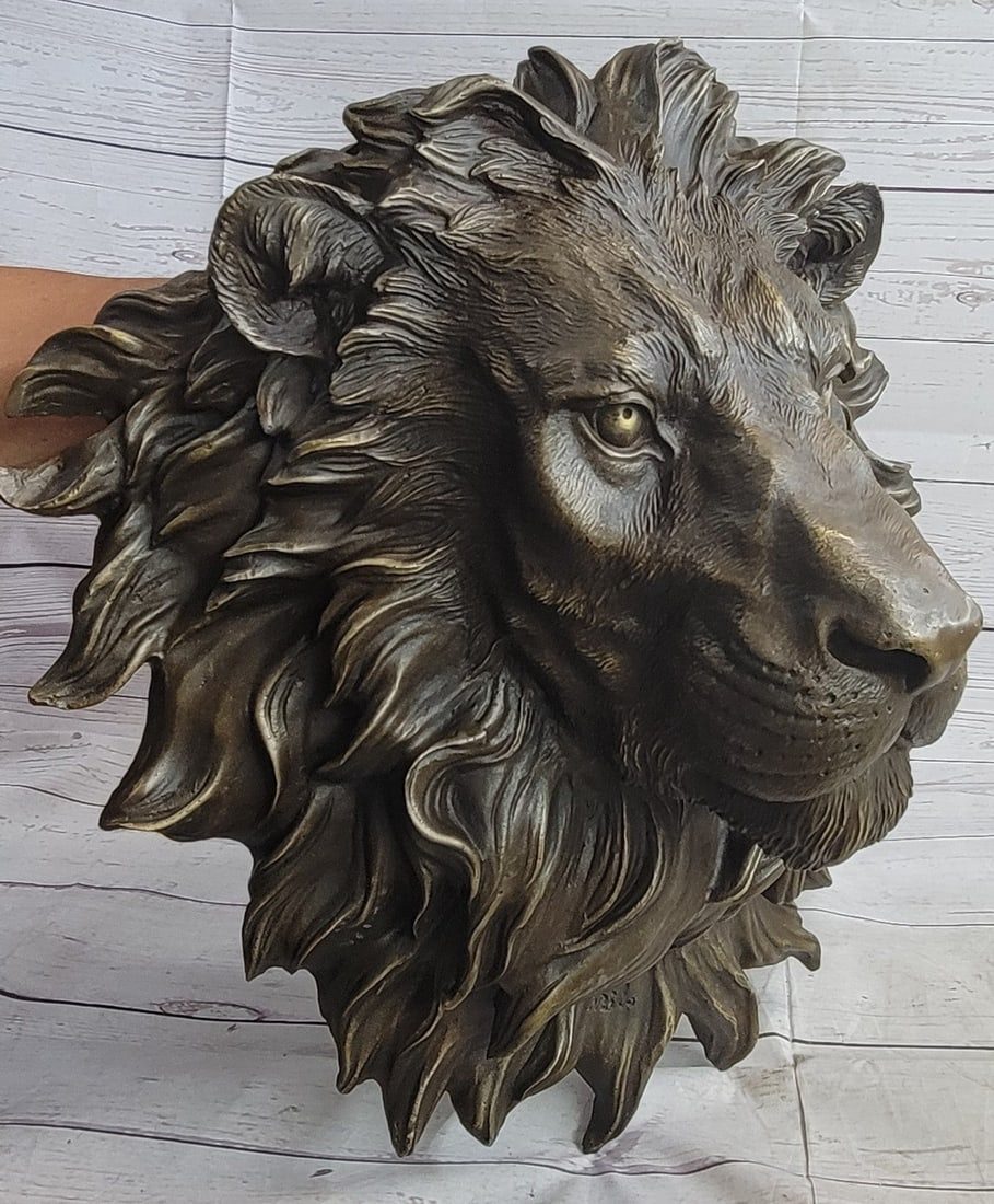 Wall Mount Lion Head Bust Bronze Statue - 4