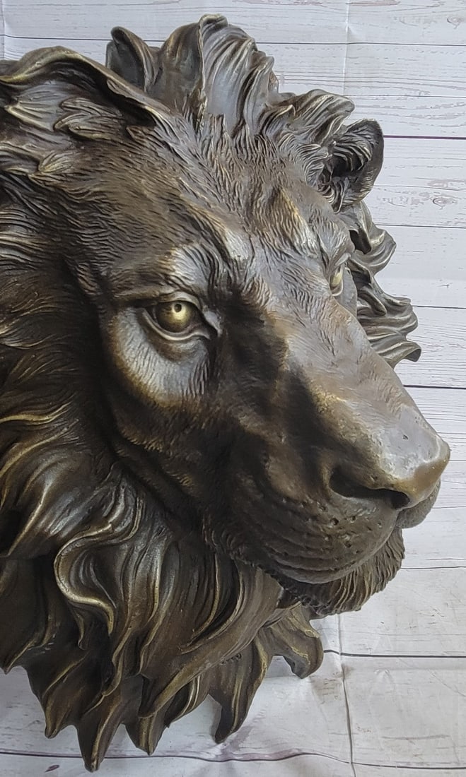 Wall Mount Lion Head Bust Bronze Statue - 5