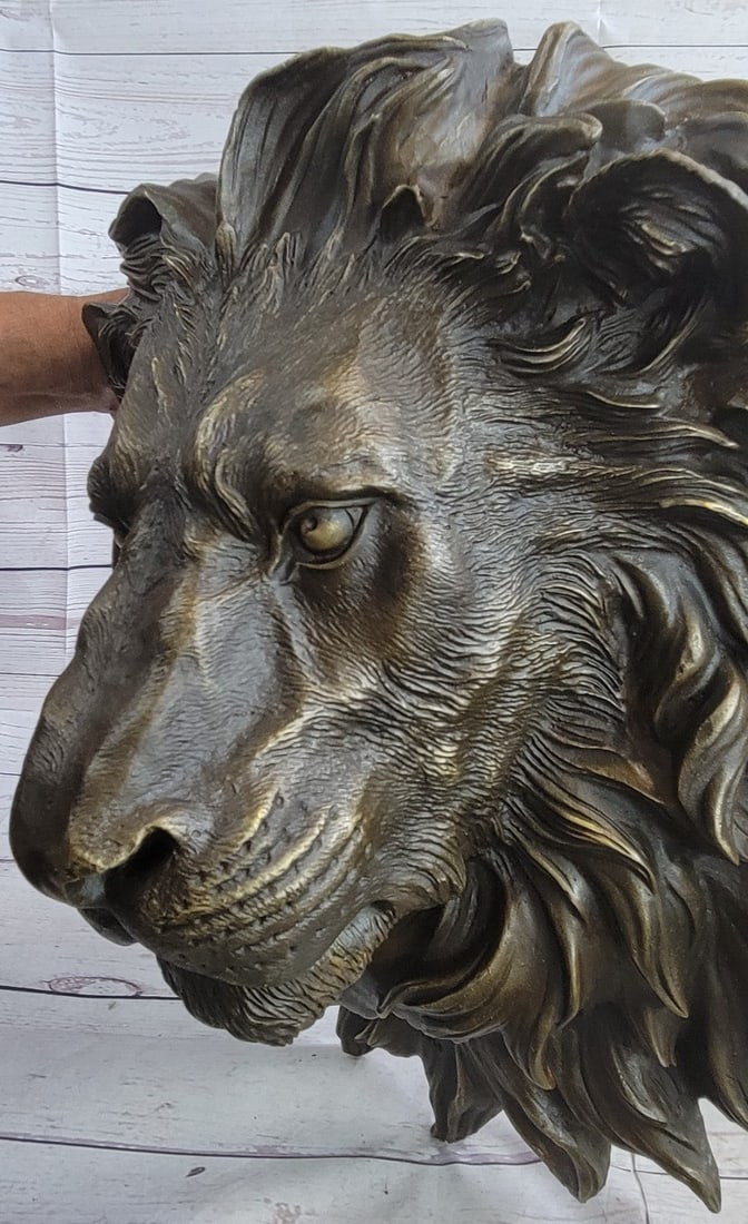 Wall Mount Lion Head Bust Bronze Statue - 6