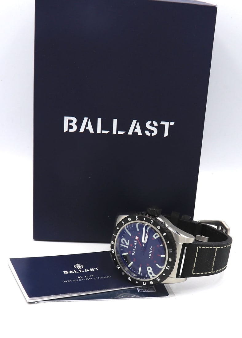 Ballast Amphion GMT quartz watch: Ballast Amphion GMT quartz stainless steel watch with black leather strap. Comes with box and card. Total weight of watch 152.50 grams.