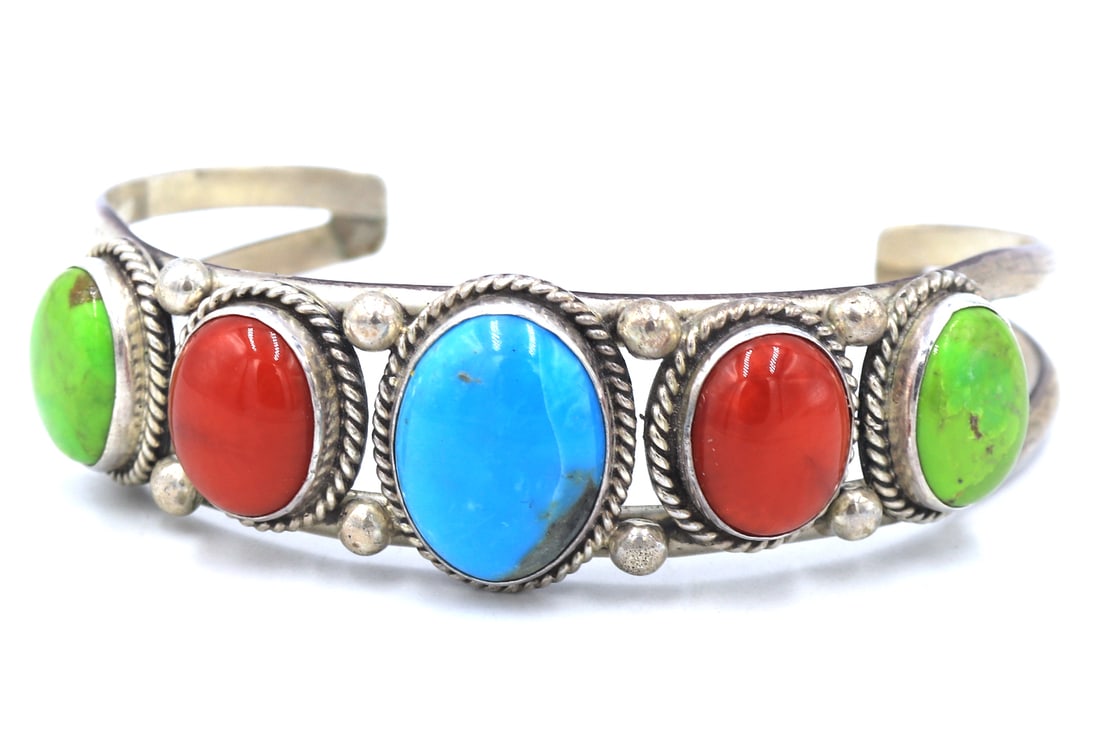 Vintage 925 sterling silver turquoise and coral cuff bangle (1 of 6)