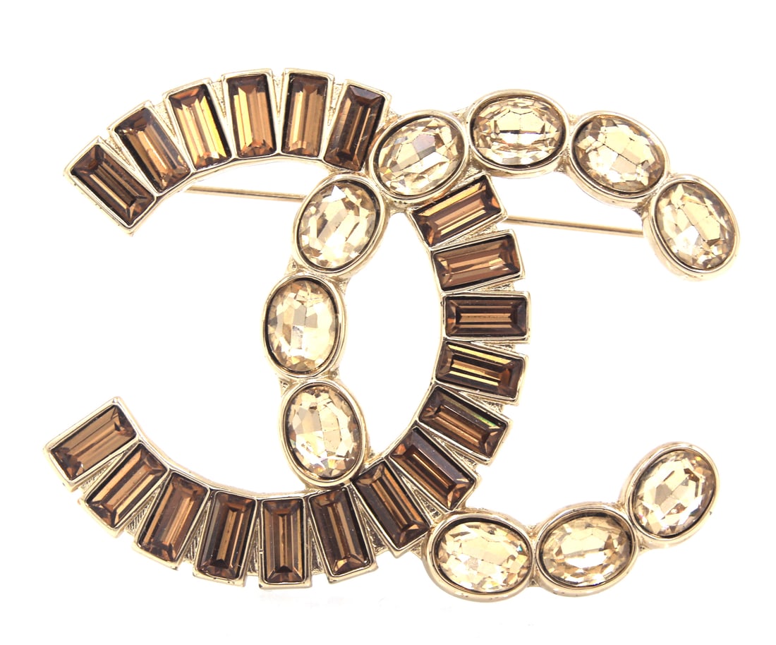 Chanel Brown & Beige Crystal CC Brooch (1 of 5)