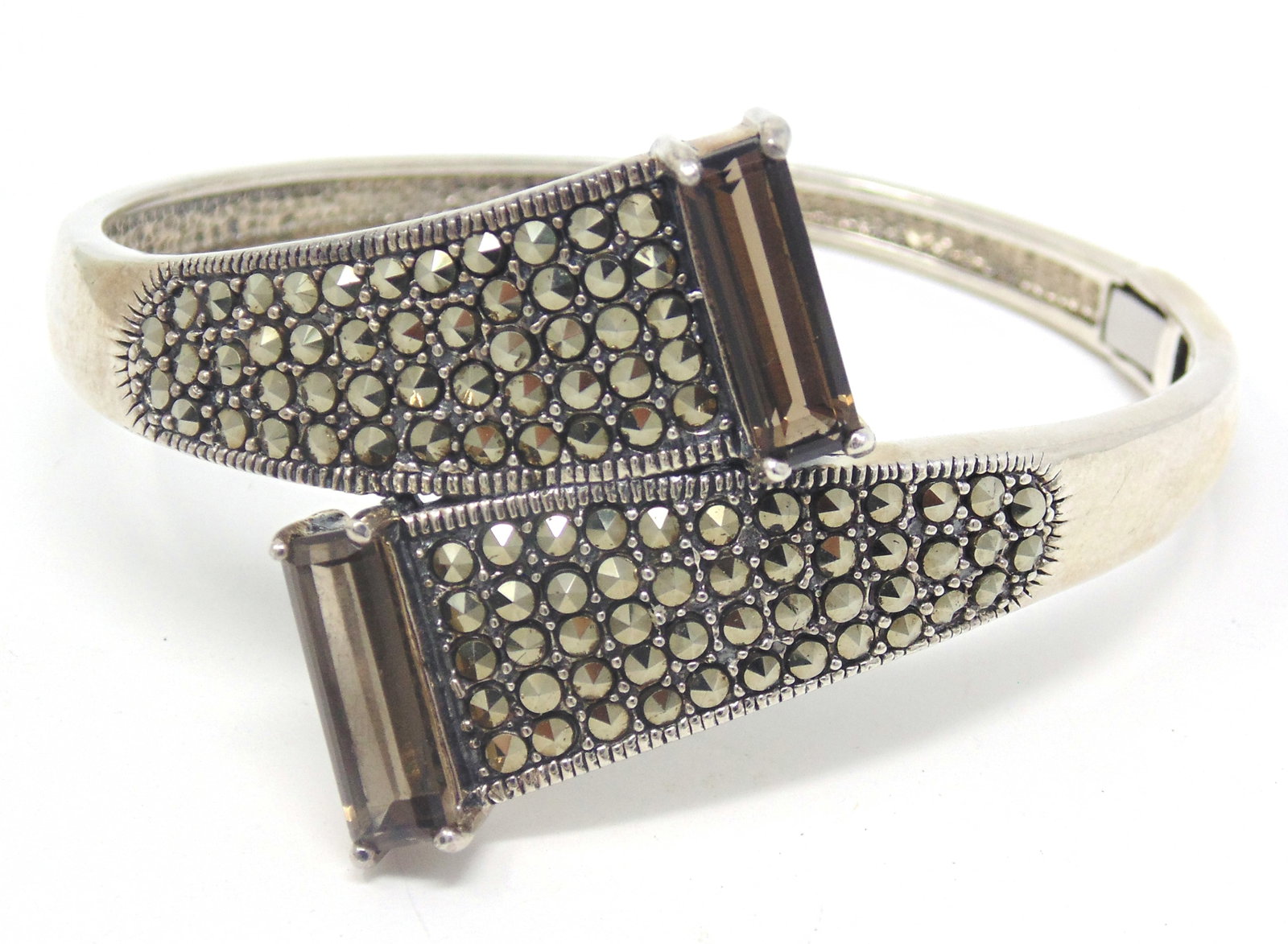 Marcasite and Smokey Quartz Sterling Silver Bangle: 925 Sterling Silver Thailand marcasite and Smokey Quartz Bangle Bracelet. 29.23 Grams.