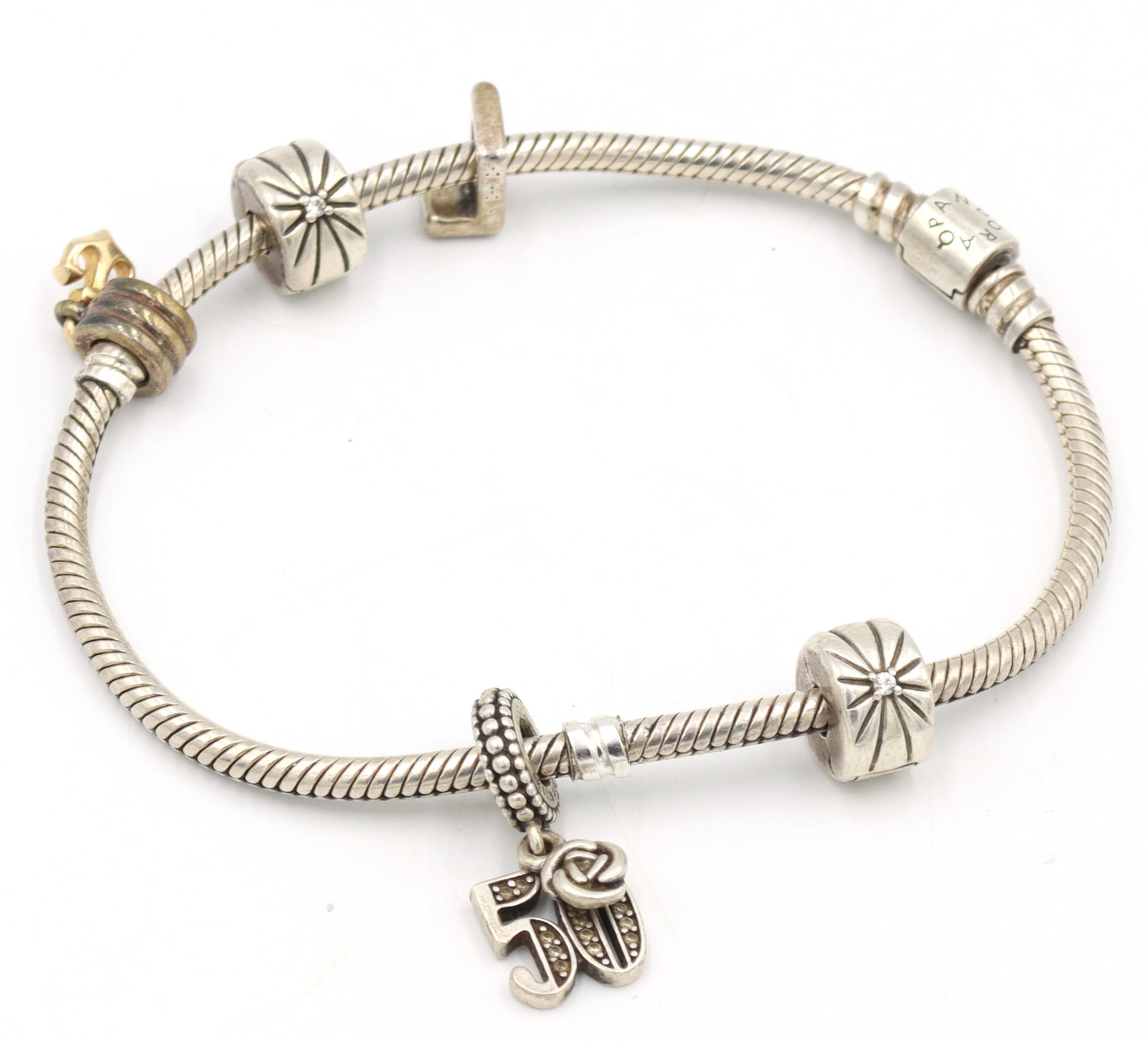 925 Sterling silver Pandora bracelet with charms (1 of 5)