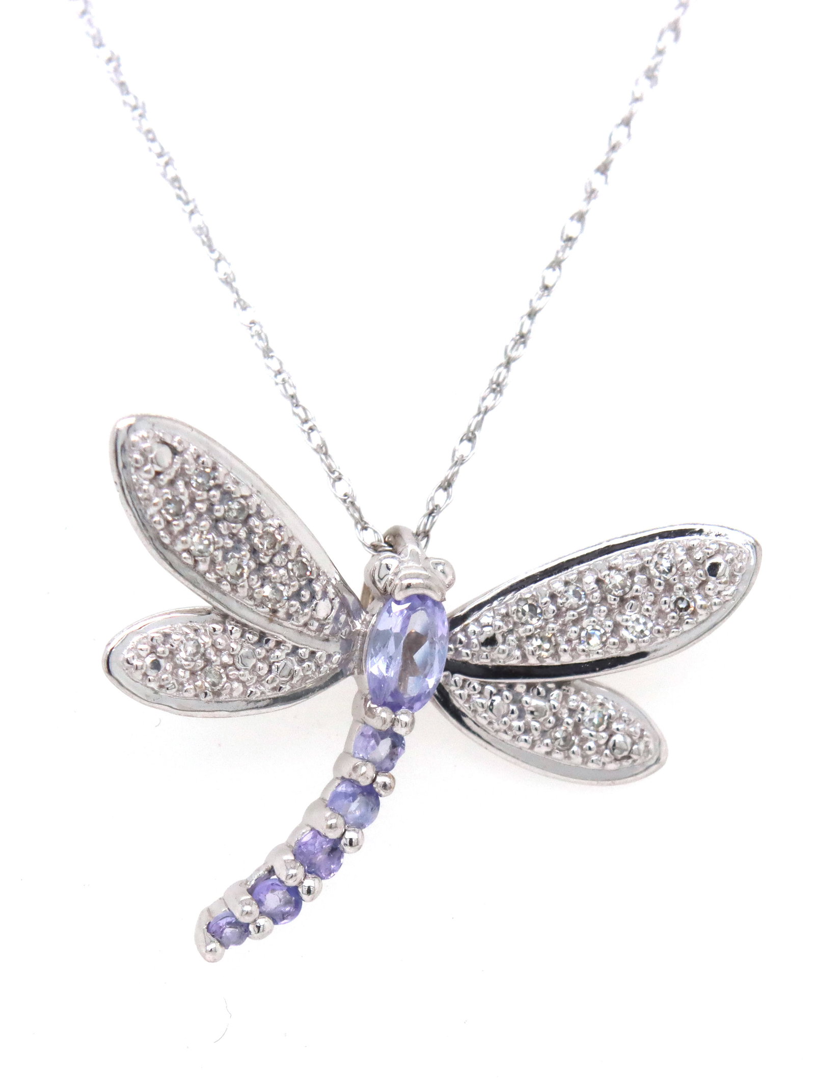 10kt White gold oval tanzanite and diamond dragonfly pendant on chain (1 of 4)