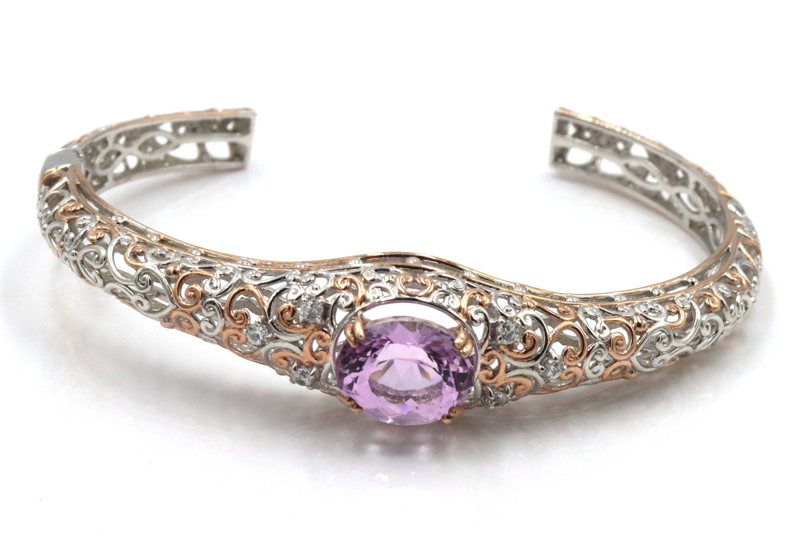 Gems En Voque 925 sterling silver Kunzite Cuff Bracelet: 925 sterling silver Gems En Voque Kunzite with white zircon and rose gold detailing of high polished finish.