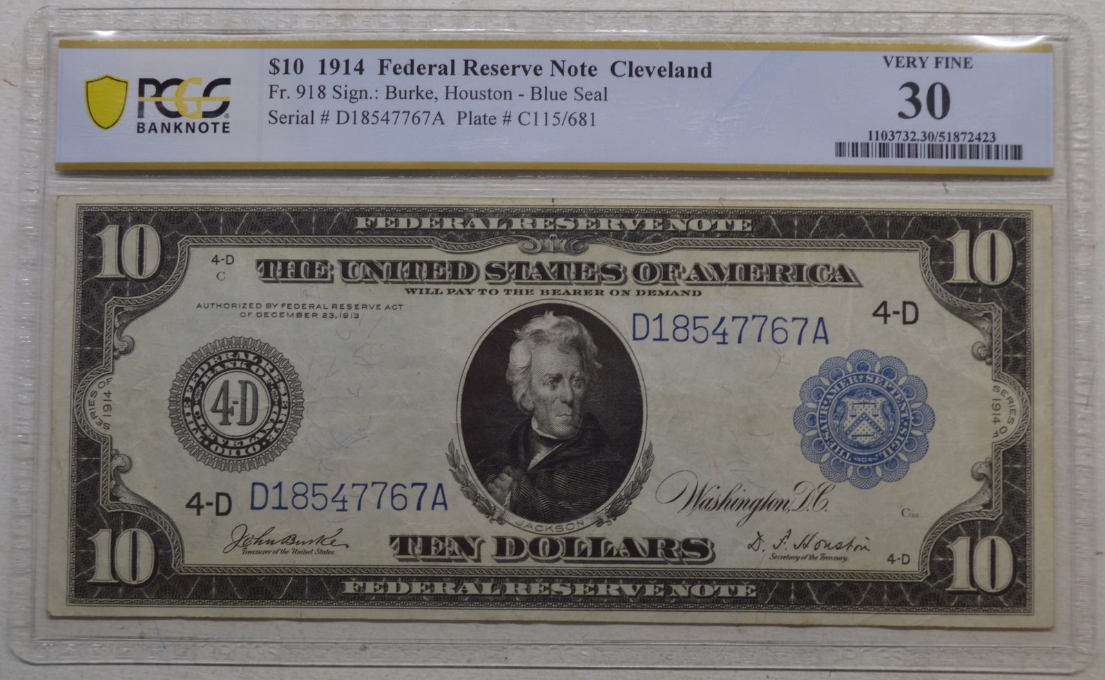 1914 $10 Cleveland Federal Reserve Note ? Burke / Houston ? PCGS Very Fine 30 Fr. 918 (1 of 2)