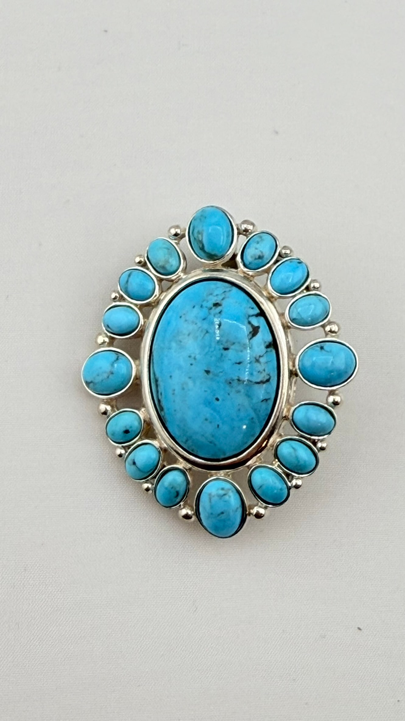 925 Sterling Silver Navajo Large Turquoise Enhancer with Large Closure: 925 Sterling Silver Navajo Large Turquoise enhancer. The Hook will be open for large chains or beads. 21.5 grams