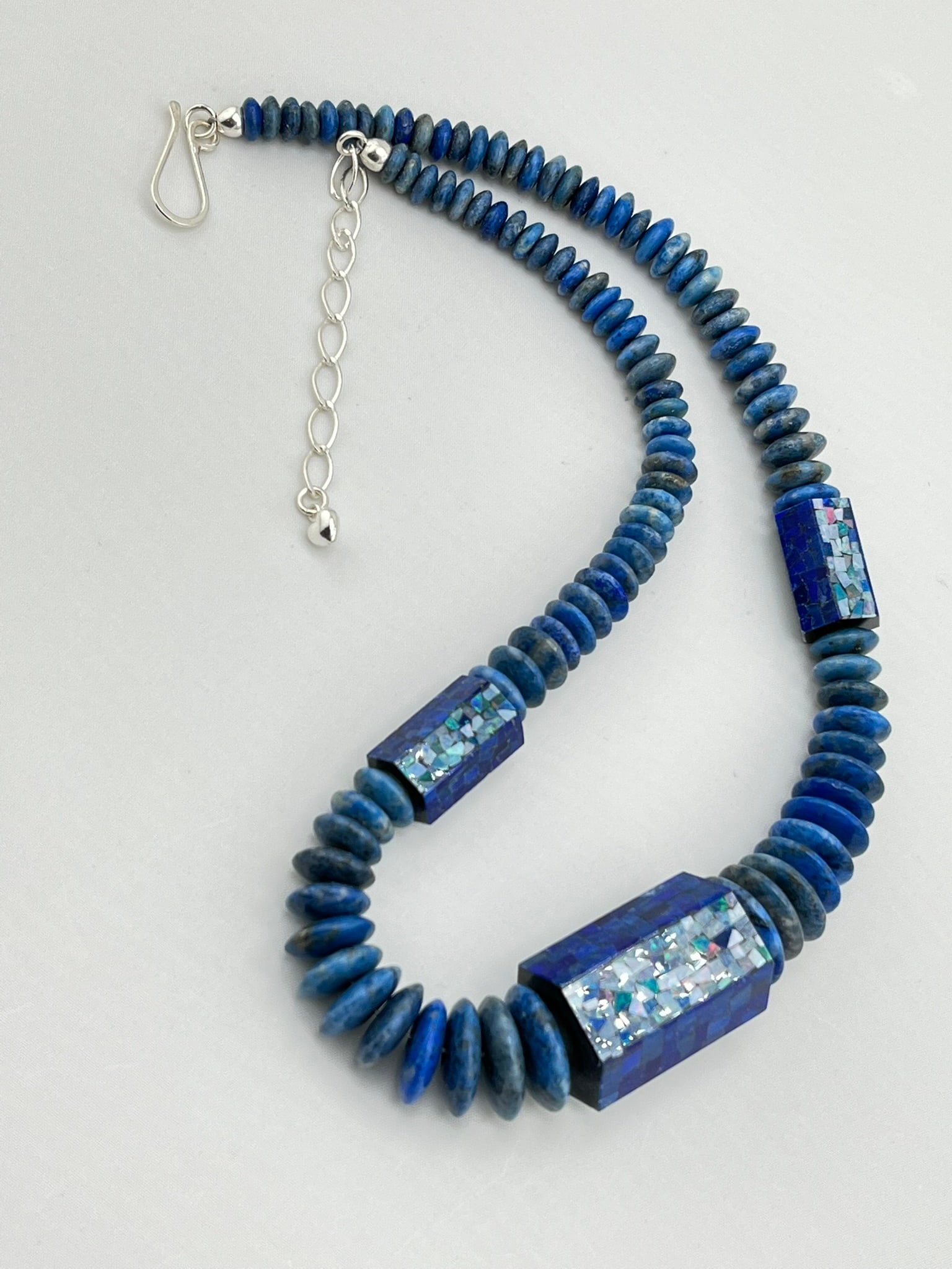 925 Sterling Silver DTR Jay King Mosaic Opal Beaded Lapis Lazuil Necklace: 925 sterling silver DTR Jay King Lapis Lazuil and Mosaic opal Necklace. 109.4 grams