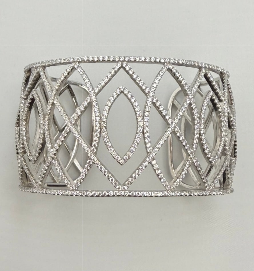 925 Sterling Silver Rhinestone Oval And Rhombus Design Wide Cuff Bracelet (1 of 6)