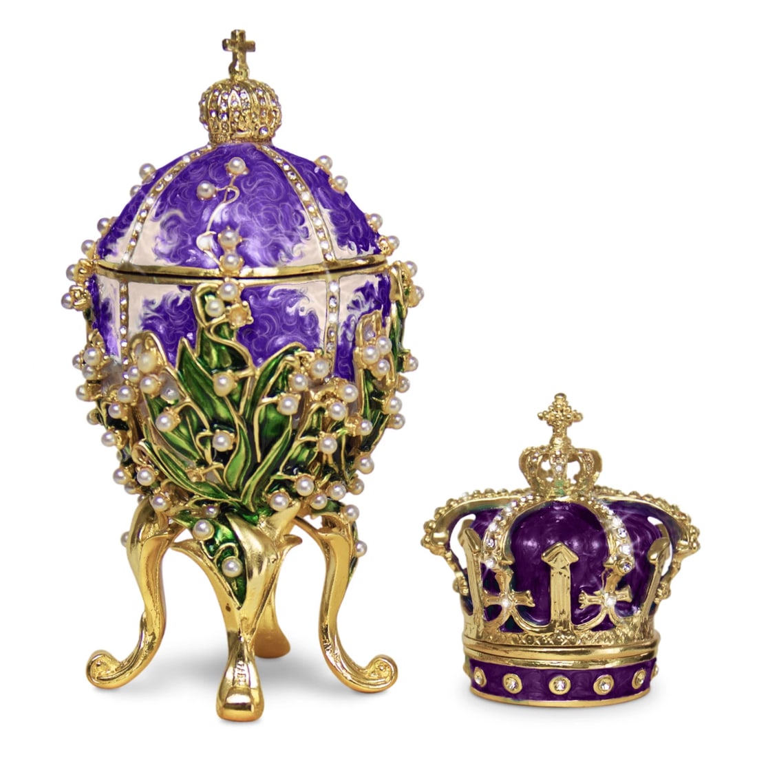 Purple Lilies of the Valley Easter Egg Replica ? Extra Large with Crown: Celebrate timeless elegance with this exquisite Purple Lilies of the Valley Easter Egg Replica, a stunning piece inspired by Victorian artistry. Perfect for collectors, gift-giving, or as a decorative