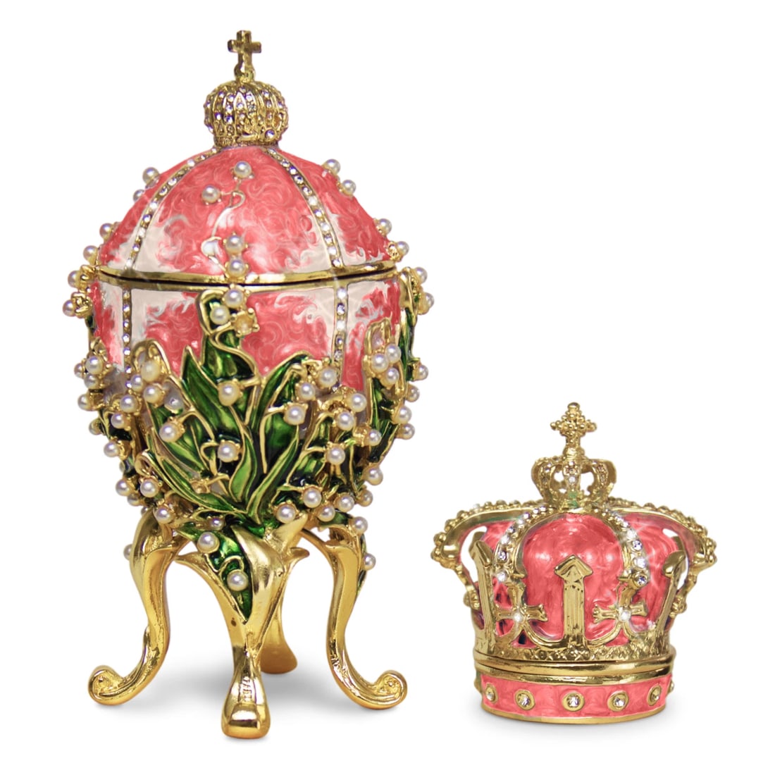 Pink Lilies of the Valley Easter Egg Replica ? Extra Large with Crown: Celebrate timeless elegance with this exquisite Pink Lilies of the Valley Easter Egg Replica, a stunning piece inspired by Victorian artistry. Perfect for collectors, gift-giving, or as a decorative c