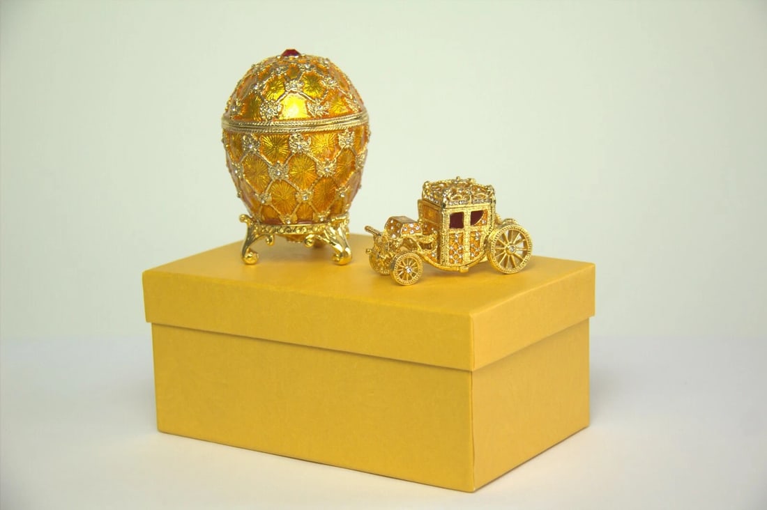 Golden Coronation Russian Easter Egg Replica Set with Carriage ? Large 3.5" Decorative Collectible (1 of 8)
