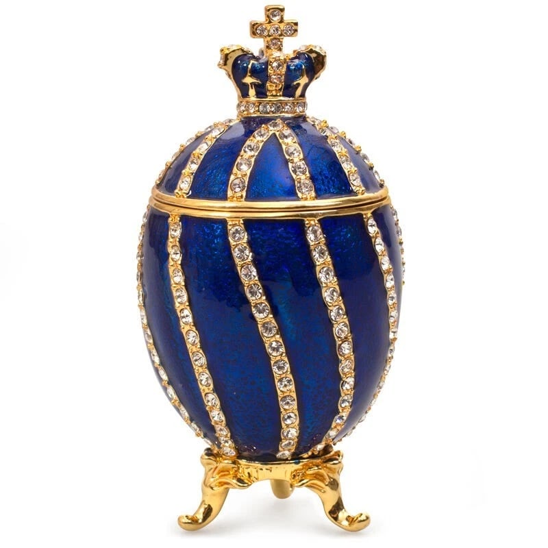 3.2" Twisted Faberg? Egg Replica Jewelry Box ? Blue Keepsake ???? ???????: Add a touch of Russian elegance to your collection with this exquisite 3.2-inch Faberg?-style egg jewelry box. Crafted in the Russian Federation, this stunning piece features a vibrant Blue enamel fin