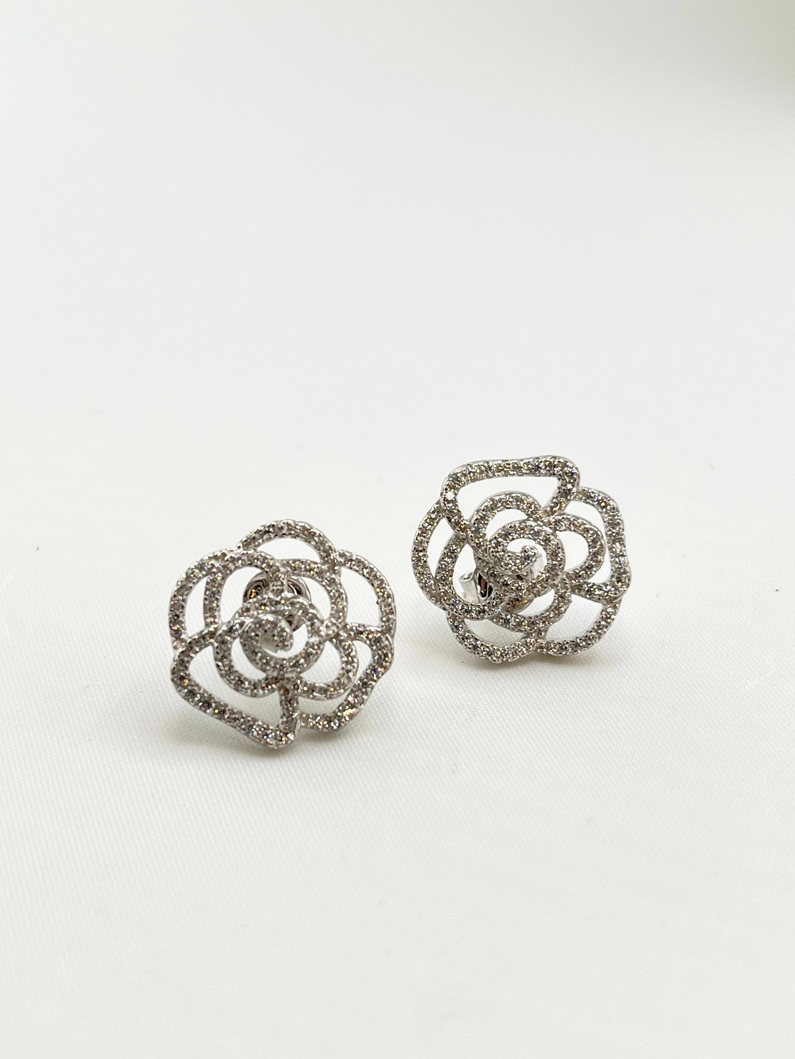 925 Sterling Silver Camelia Flower CZ Stud Earrings (1 of 6)