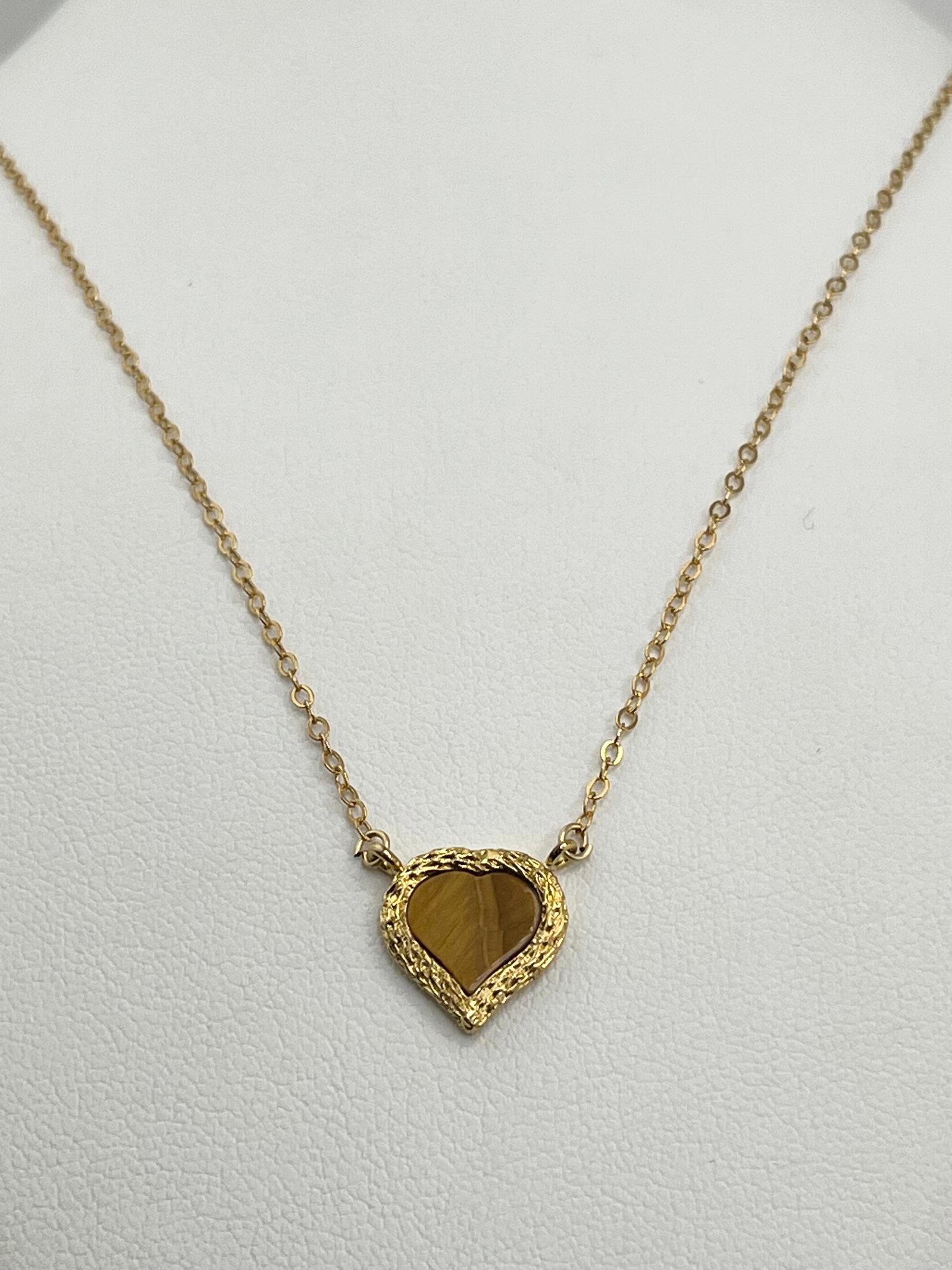 12KT Yellow Gold Filled Tiger Eye Heart Necklace: 12KT Yellow Gold-filled Tiger Eye Necklace. 2 grams. 16 inches.